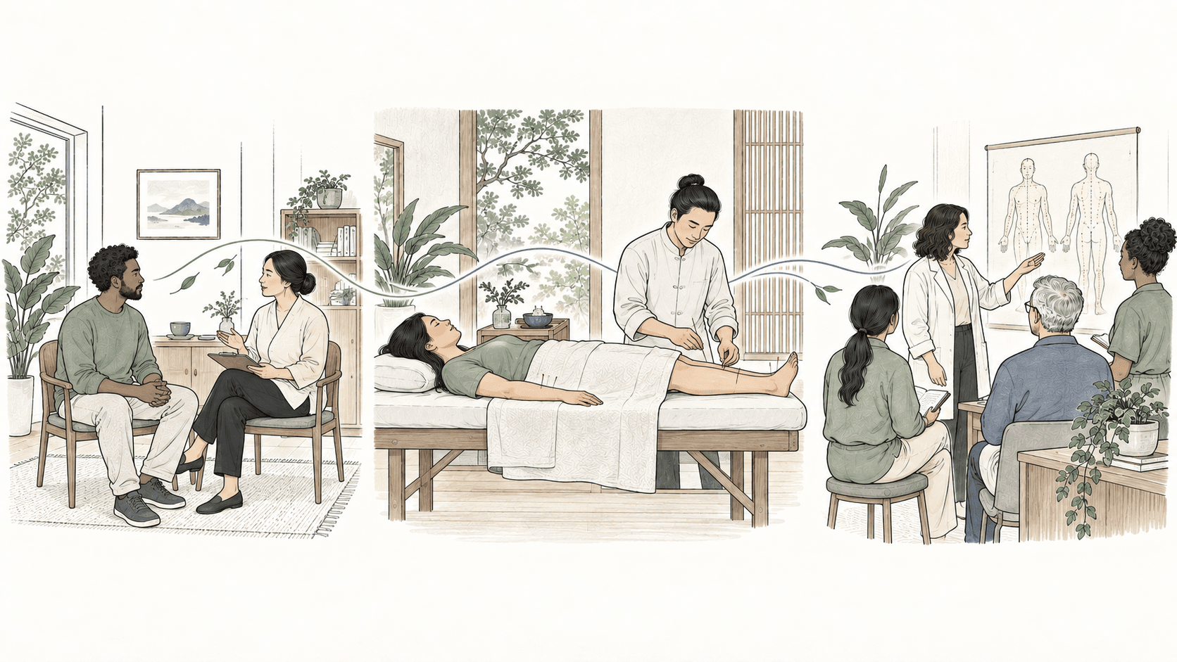 Three connected scenes show an acupuncture consultation, a treatment session, and professional clinical training.