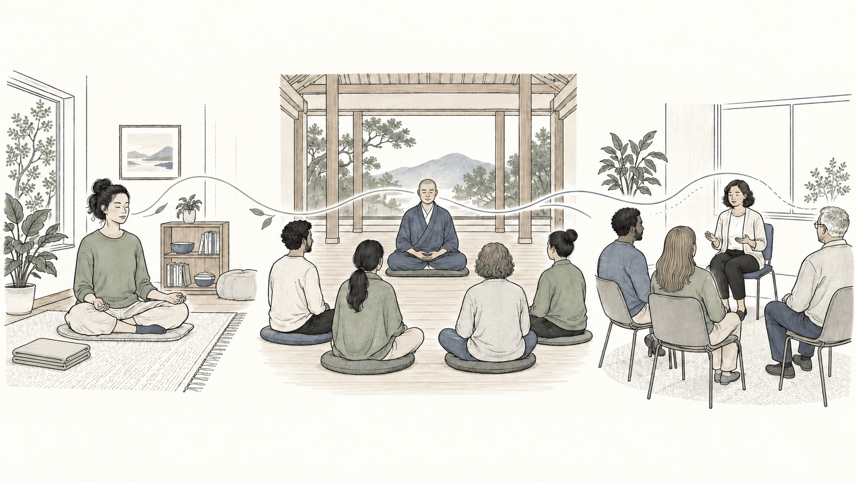 Three meditation contexts: individual home practice, a guided community group, and a structured clinical mindfulness session.